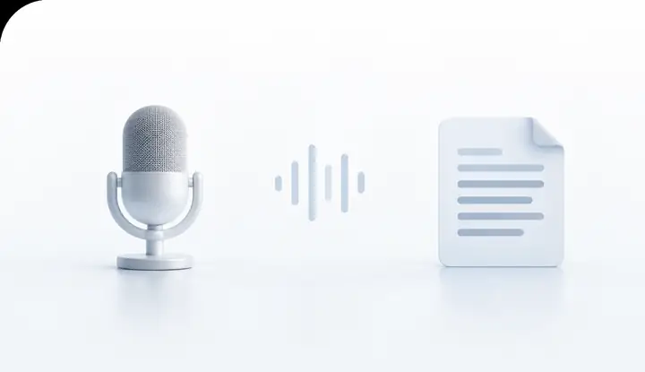 A microphone and document representing audio becoming editable text.