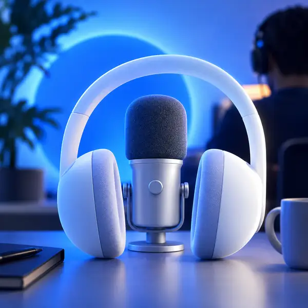 Headphones and podcast microphone icon.