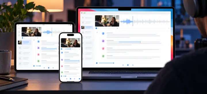 The transcription editor displayed across a laptop, tablet and phone.